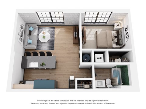A 3D floor plan of a small apartment with a kitchen, living room, and bathroom.